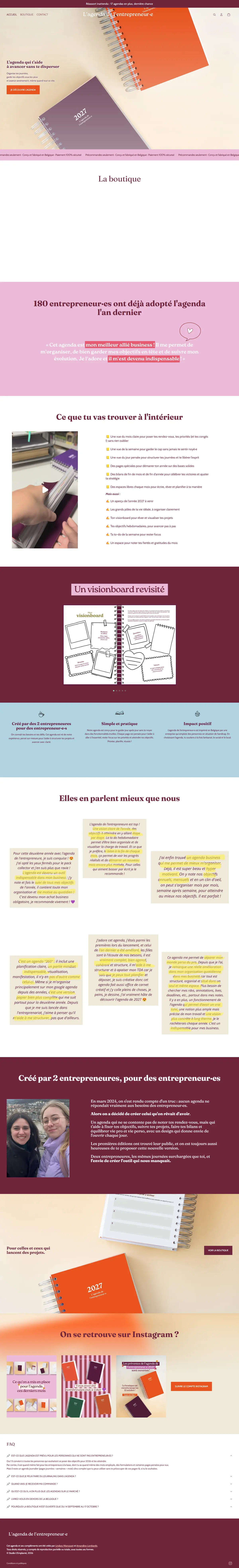 La page d’accueil de L’agenda de l’entrepreneur·e en entier : l’accroche, l’intérieur de l’agenda, le visionboard, les avis, l’histoire des créatrices, Instagram et la FAQ