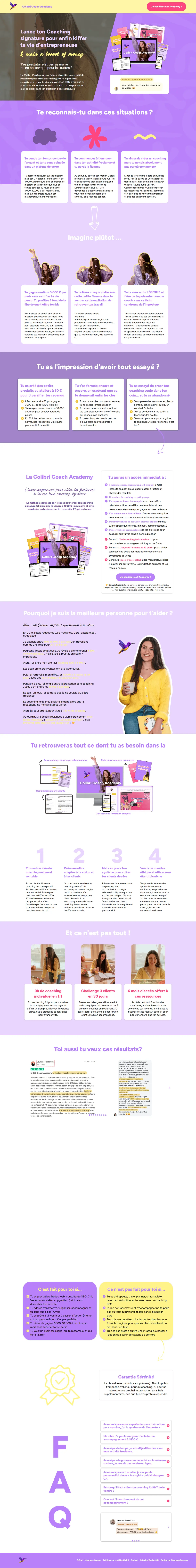 La page de vente de Colibri Coach Academy en entier : l’accroche, les situations vécues par les freelances, le programme en 4 étapes, l’histoire d’Océane, les témoignages, le « pour qui / pas pour qui » et la FAQ
