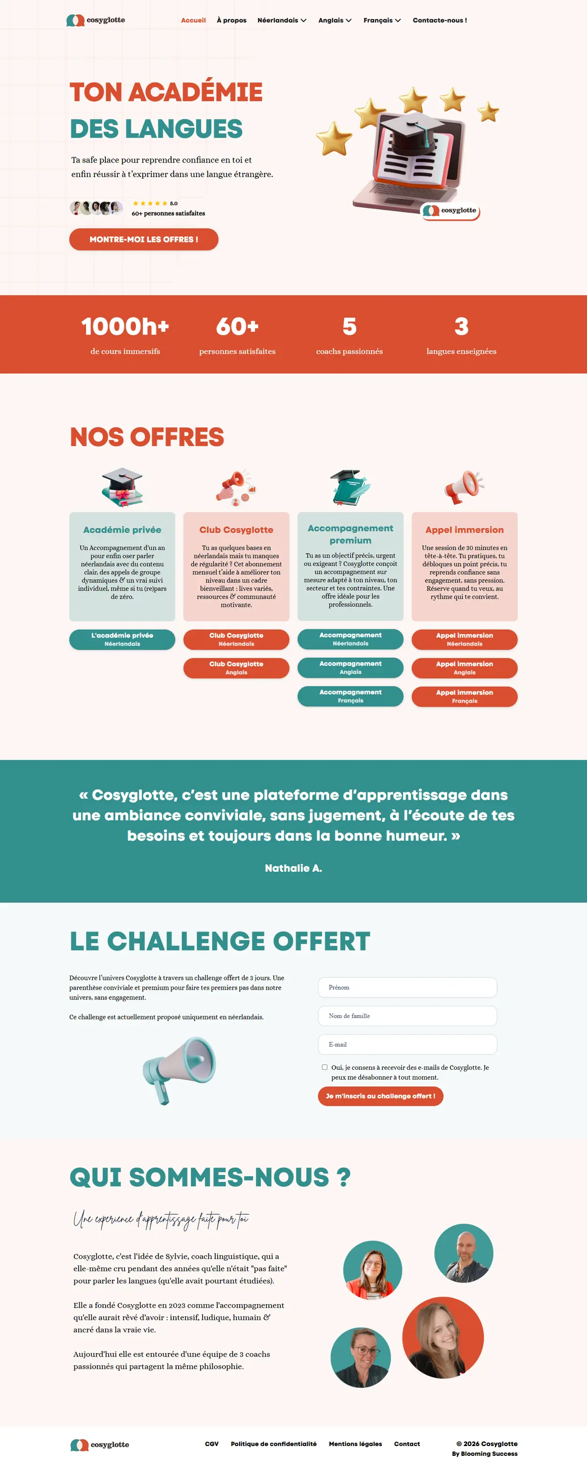 La page d’accueil de Cosyglotte en entier : l’accroche, les chiffres clés, les 4 offres, un témoignage, le challenge offert et la présentation de l’équipe