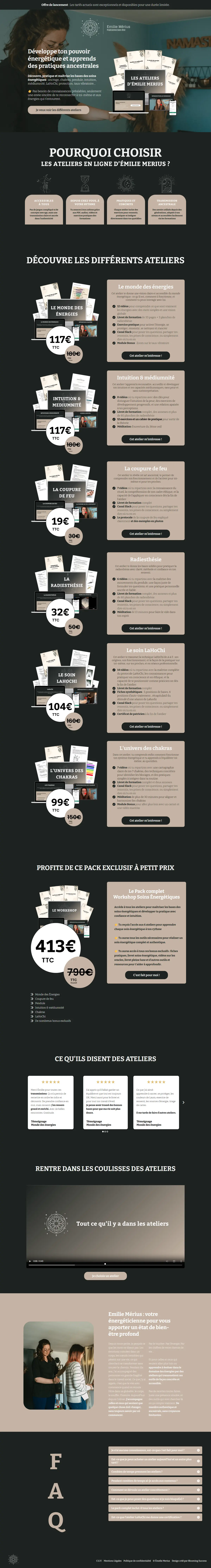 La page « Ateliers en ligne » d’Émilie Mérius en entier : l’accroche, les 6 ateliers avec leurs prix, le pack complet, les avis, la présentation d’Émilie et la FAQ