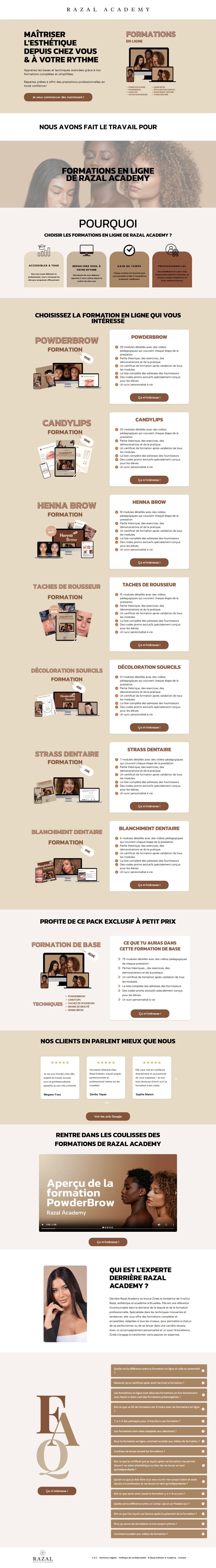 La page « Formations en ligne » de Razal Academy en entier : l’accroche, les 7 formations, le pack de base, les avis, la présentation de Zineb et la FAQ