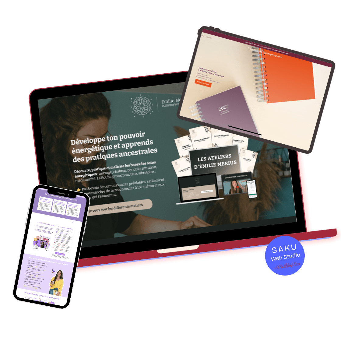 Exemples de sites réalisés par Saku Web Studio sur ordinateur, tablette et téléphone