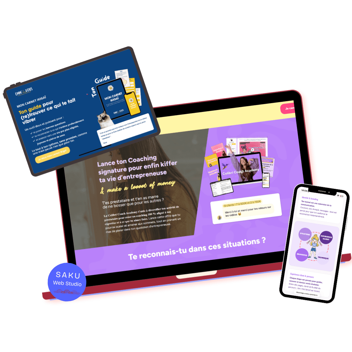 Exemples de tunnels de vente réalisés par Saku Web Studio sur ordinateur, tablette et téléphone