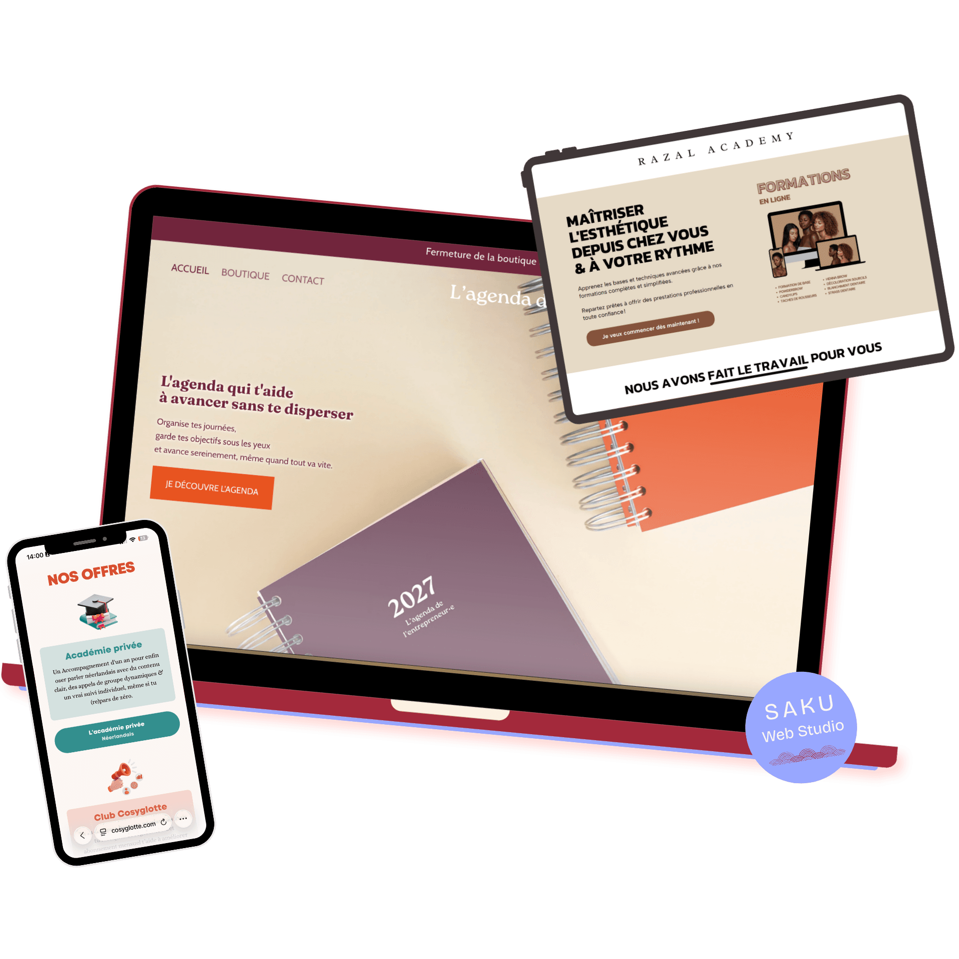Exemples de sites réalisés par Saku Web Studio sur ordinateur, tablette et téléphone