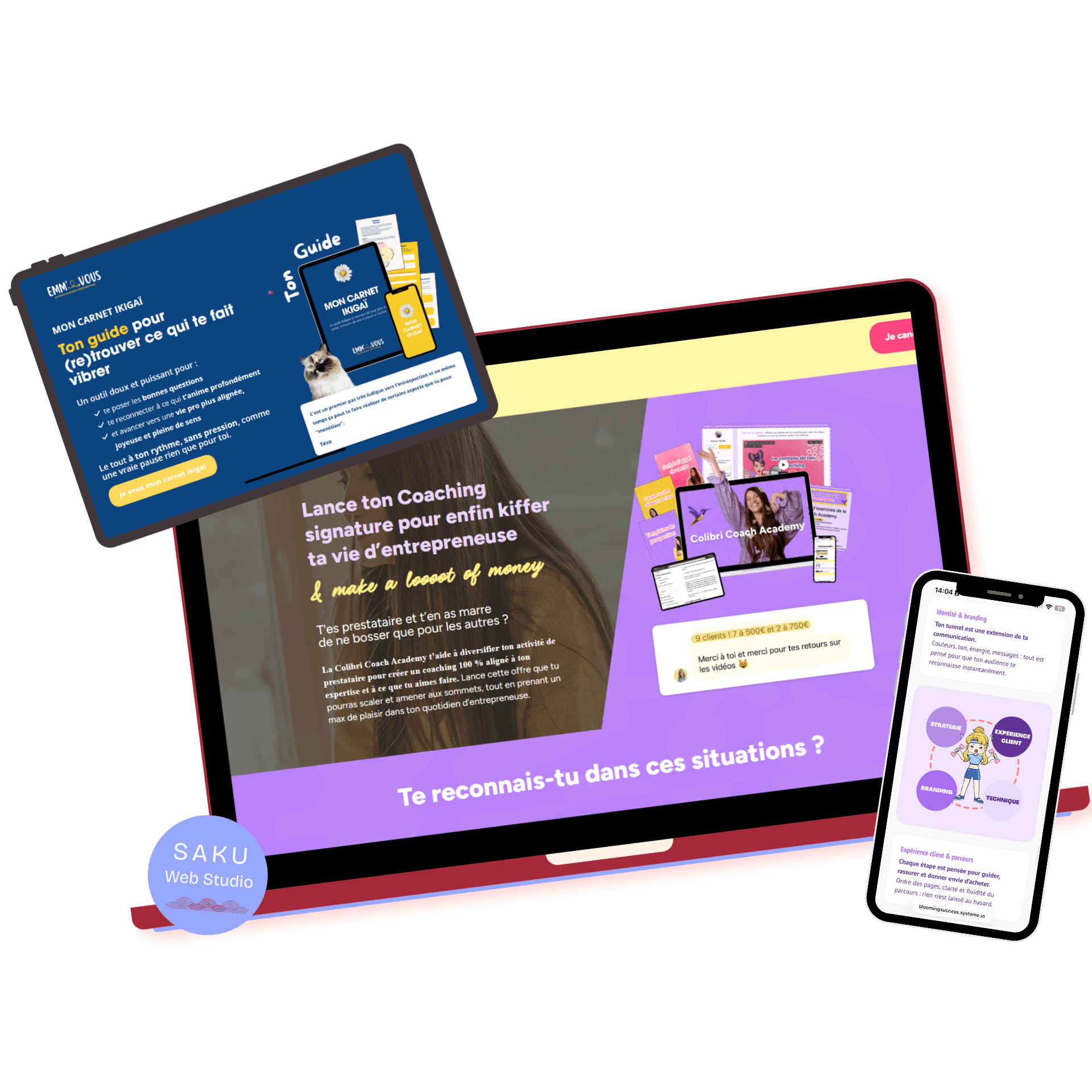 Exemples de sites réalisés par Saku Web Studio sur tablette, ordinateur et téléphone